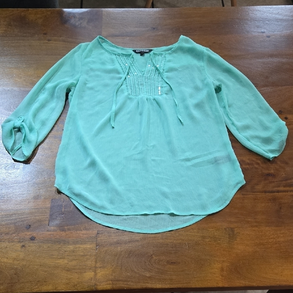 Express Mint Sequin Sheer Chiffon Rolled Cuff Boho Peasant Top Size XS